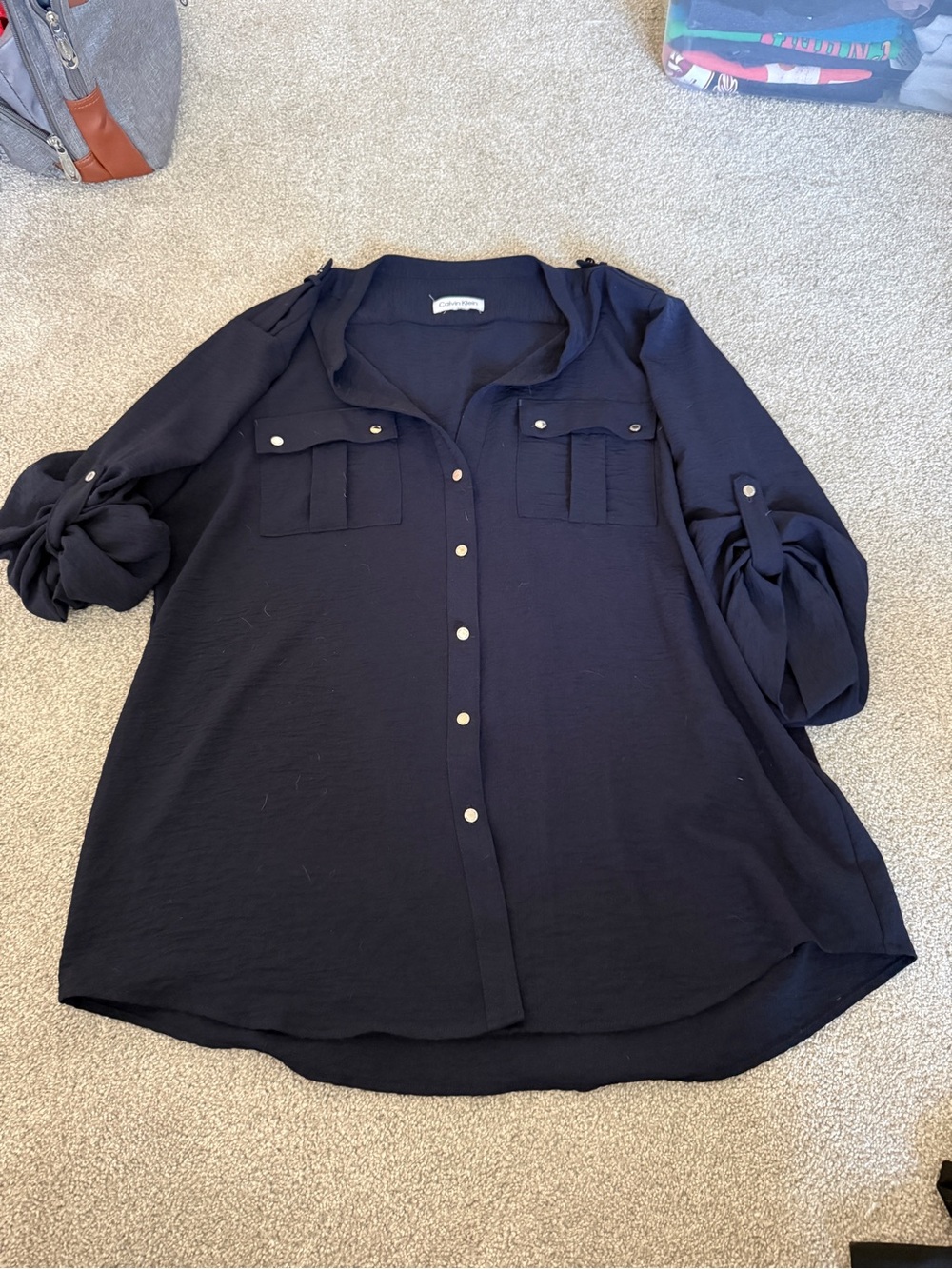 Calvin Klein Lightweight Navy Button-Front Blouse - Casual Roll-Tab Sleeves
